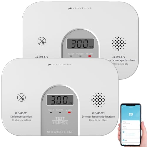 VisorTech Kohlenmonoxid-Warner: 2er-Set WLAN-Kohlenmonoxid-Melder, LCD-Display, 10-Jahres-Sensor, App (WiFi-Kohlenmonoxid-Melder, CO-Melder WiFi, Gasmelder) von VisorTech