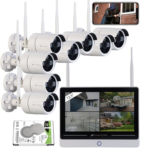 VisorTech Überwachungs Set: Funk-Überwachungssystem mit Display, HDD-Rekorder, 8 IP-Kameras, 1 TB (Überwachungsystem, Überwachungskamera System, Alarm Bewegungsmelder) von VisorTech