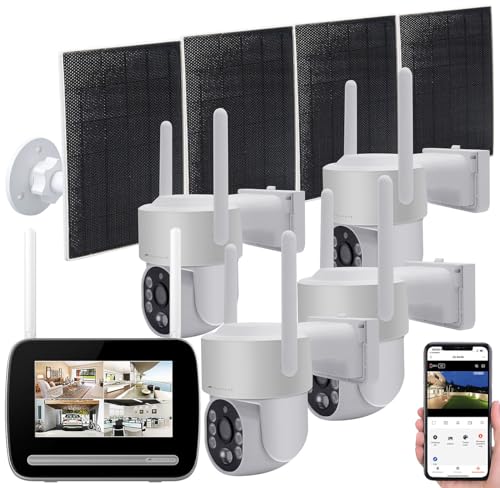 VisorTech Videoüberwachung: Funk-Überwachungs-Set: Monitor-Rekorder mit 4X 2K-PT-Solar-Kamera, App (Überwachungskamera mit Infrarot, Überwachungsanlage, Speicherkarten) von VisorTech