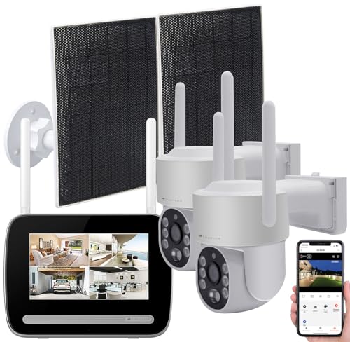VisorTech Funk Überwachungskamera: Funk-Überwachungs-Set: Rekorder mit 2X 2K-PT-Solar-Kamera, App (Überwachungskameras Solar, Akku-Kamera, Speicherkarten) von VisorTech