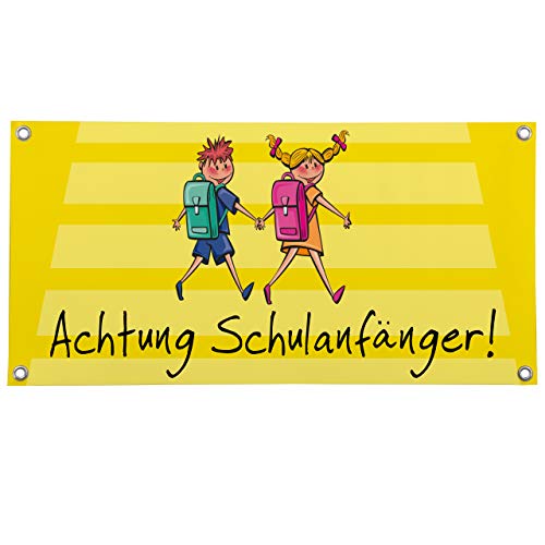 Vispronet PVC-Banner ✓ Achtung Kinder ✓ versch. Größen ✓ mit Metallösen ✓ inkl. Spanngummis (75x150 cm, Achtung Schulanfänger) von Vispronet