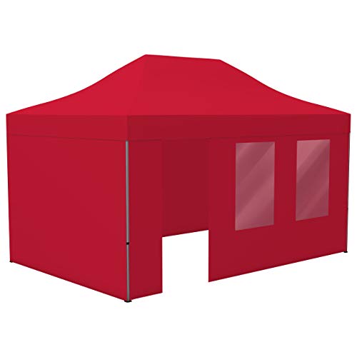 Vispronet Profi Faltpavillon Basic 3x4,5 m in Rot, Stahl-Scherengitter, 4 Seitenteile - Davon 1 Wand mit Tür & Fenster (weitere Farben & Größen) von Vispronet