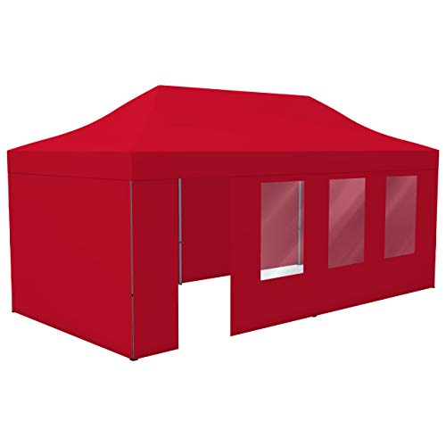 Vispronet Profi Faltpavillon Basic 3x6 m in Rot, Stahl-Scherengitter, 4 Seitenteile - Davon 1 Wand mit Tür & Fenster (weitere Farben & Größen) von Vispronet