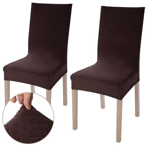 Viste tu hogar Pack 2 Stuhlhusse 45–55 cm, 100% hochwertiges Polyester, elastisch, leicht anzubringen und zu reinigen, Design Labyrinth, Kaffee von Viste tu hogar