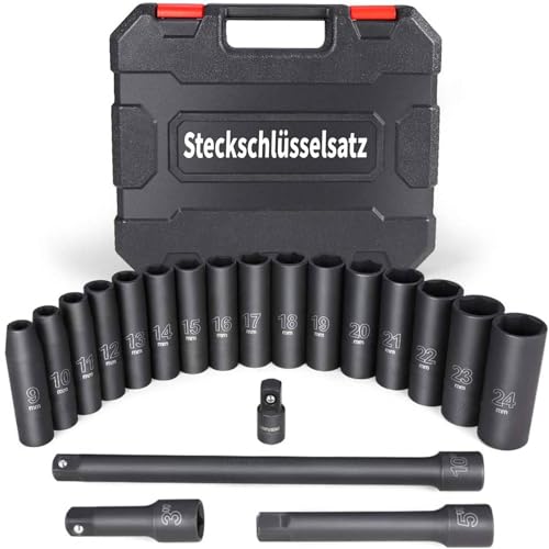 Schlagschrauber Nüsse Set, 20 PCS Impact Socket Set Steckschlüsselsatz mit 1/2'' Antrieb, 3/8'' Stecknuss Adapter, 9-24mm Sechskant Nuss und 3'', 5'', 10'' Verlängerungsstangen von Vistreck