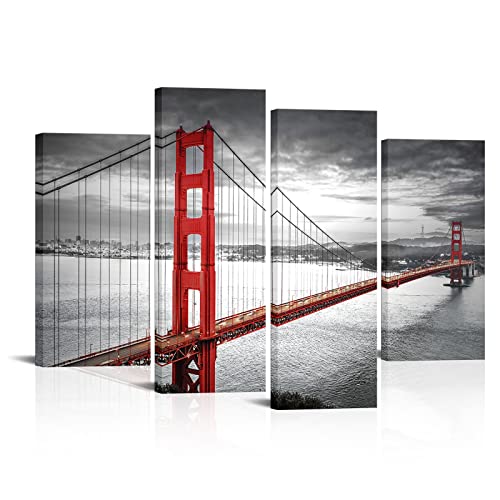 Visual Art Decor Schwarz und Weiß Wohnzimmer Dekoration San Francisco Golden Gate Bridge Landschaft Bild Druck auf Leinwand gerahmt Wall Decor Art fertig Zum Aufhängen Large 01 4 Panels von Visual Art Decor