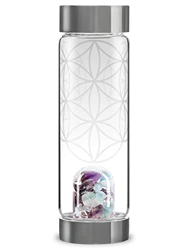 VitaJuwel ViA FLOWER OF LIFE - Wasserflasche aus Glas (0,5l) mit Amethyst, Aquamarin, Bergkristall & Blume des Lebens von VitaJuwel