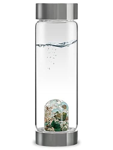 VitaJuwel ViA FOREVER YOUNG - Wasserflasche aus Glas (0,5l) mit Aquamarin, Aventurin, Rauchquarz & Bergkristall für Detox und Gelassenheit von VitaJuwel
