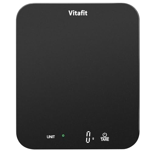 Vitafit 15kg Küchenwaage Digital mit Hoher Präzision 1g, Waagen-Profifabrik SEIT 2001, Digitalwaage zum Kochen und Backen, Briefwaage mit LED, 3 AAA-Batterien, Spray Silber Schwarz von Vitafit