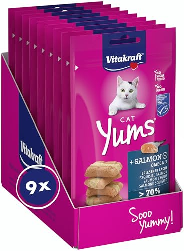 Vitakraft Cat Yums, Katzensnack, mit Lachs, extra fleischig, mit sichtbarer Füllung, unterstützen Haut und Fell, in Vorratsgröße, im wiederverschließbaren Beutel (9x 40g) von Vitakraft