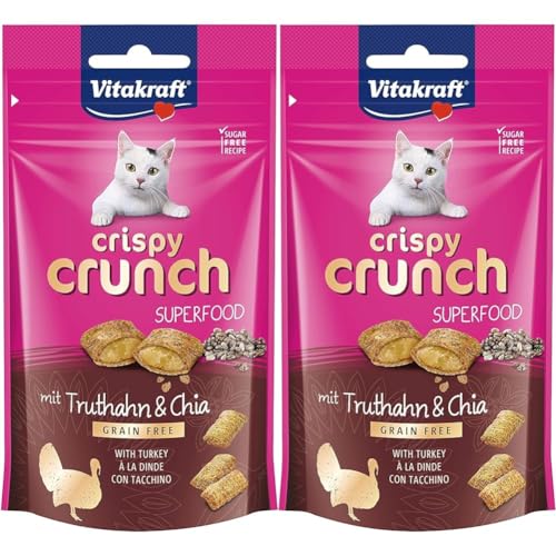 Vitakraft Crispy Crunch, knusprige Snackkissen gefüllt mit Truthahn und Chia, Katzensnack, zuckerfrei (1x 60g) (Packung mit 2) von Vitakraft