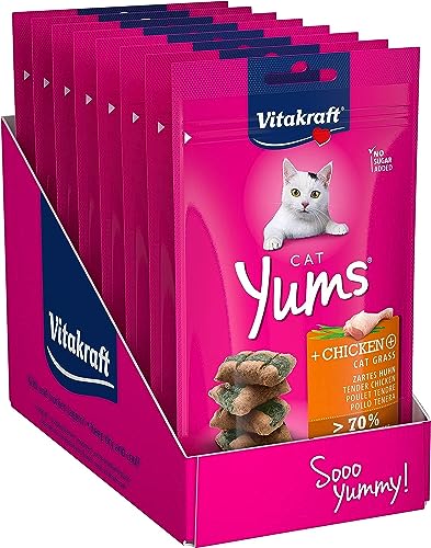 Vitakraft Cat Yums, Katzensnack, mit zartem Hühnchen, mit Katzengras, extra fleischig, mit Füllung, in Vorratsgröße, ohne Zusatz von Zucker und Getreide (9x 40g) von Vitakraft