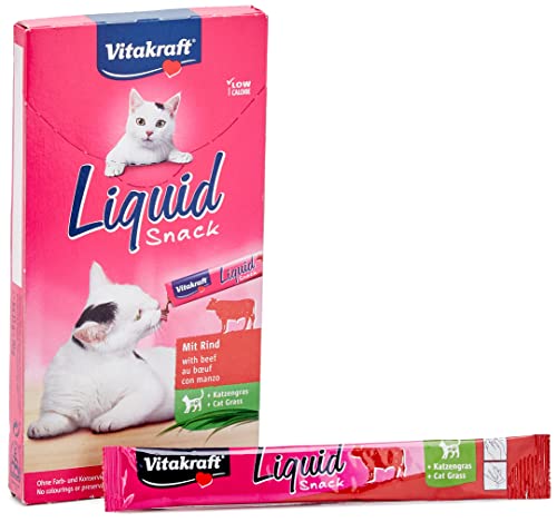 Vitakraft Liquid Snack, flüssiger Katzen Snack, Leckerli für Katzen, mit Rind und Katzengras, zur Unterstützung der gesunden Darmflora, kalorienarm (1x 6 Stück) von Vitakraft