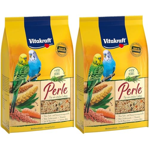 Vitakraft Sittich Perle, Futter für Wellensittiche, mit hochwertigen Saaten, mit sonnengereiftem Getreide, angereichert mit Kräutern, im wiederverschließbaren Beutel (1x 500g) (Packung mit 2) von Vitakraft