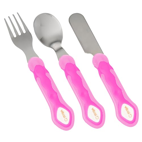 Vial Baby Kinder Besteckset 3-teilig Messer, Gabel und Löffel aus rostfreiem Edelstahl und ergonomischem FlexiSafe Griff für einfache Haltung und selbständig essen, BPA-frei, 12 Mon+ (pink/magenta) von Vital Baby