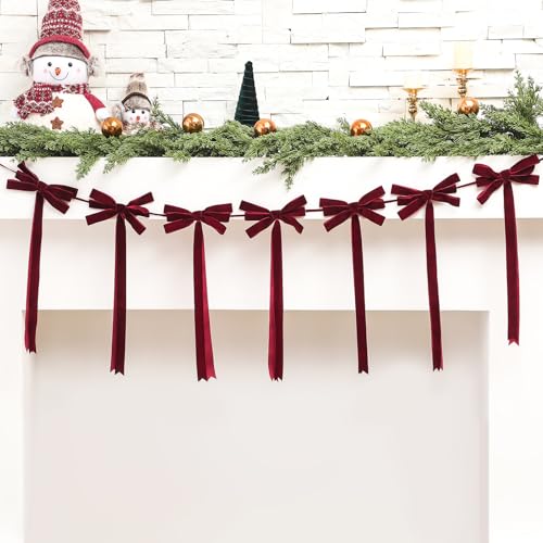 VitalCozy 1 Packung 150 cm Weihnachten weinrote Samtschleife Girlande Vorbespannte Schleife Girlande Banner mit 8 Stück 17,8 x 45,7 cm großen Samtschleifen für Weihnachtsbaum, Kaminsims, Kamin von VitalCozy