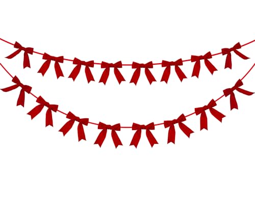 VitalCozy 2 Stück 2 m lange Weihnachts-Samt-Schleifen-Girlande, rot, vorbespannt, je mit 8 Stück 15 x 17 cm Samtschleifen, hängende Dekorationen für Weihnachtsbaum, Party, Kamin, Treppe von VitalCozy