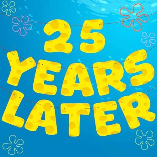VitalCozy 25 Years Later Birthday Banner Yellow Sponge Themed Cartoon Pre-strung Birthday Banner for Sponge Fans Party Decoration Supplies von VitalCozy