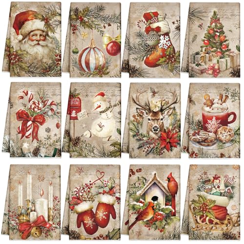 VitalCozy Weihnachtliche Küchentücher und Geschirrtücher, saugfähig, Weihnachtsbaum, Rentier, LKW, Dekoration, Weihnachten, Geschenk, 36 x 54 cm (Retro-Stil), 12 Stück von VitalCozy