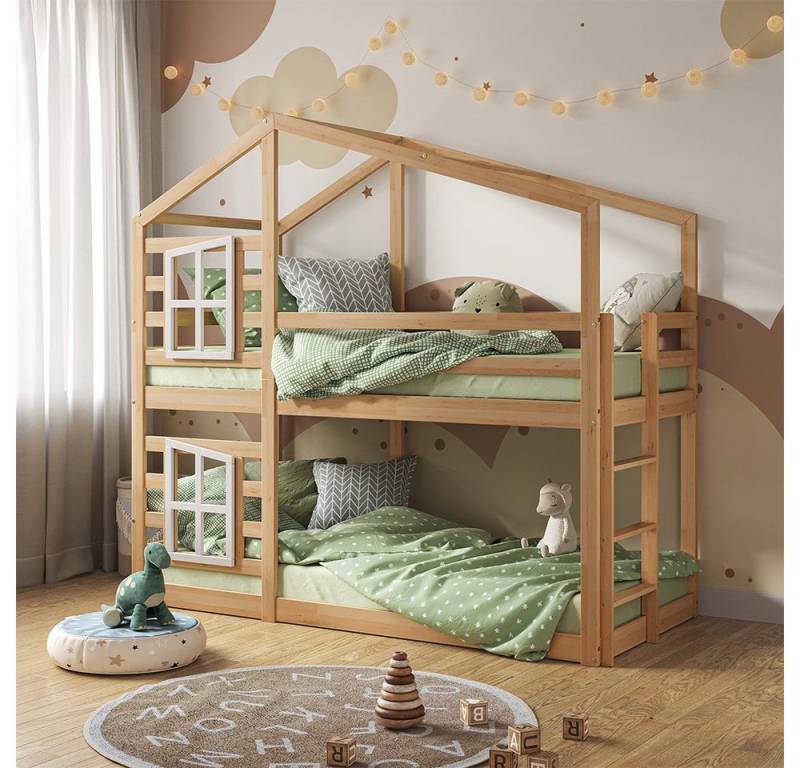 VitaliSpa® Etagenbett Maja, Naturholz, 90x200 cm mit 2 Matratzen, mit Bettfenster von VitaliSpa®