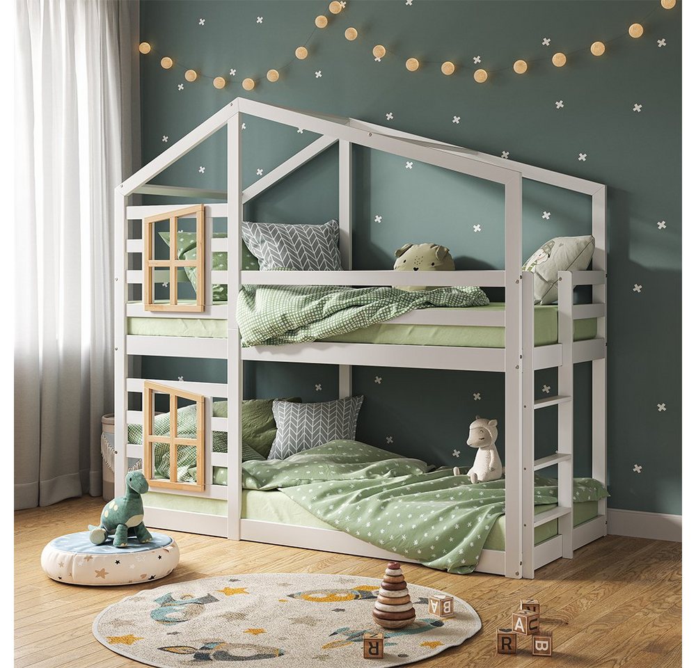 VitaliSpa® Etagenbett Maja, Weiß/Naturholz, 90x200 cm mit 2 Matratzen, mit Bettfenster von VitaliSpa®