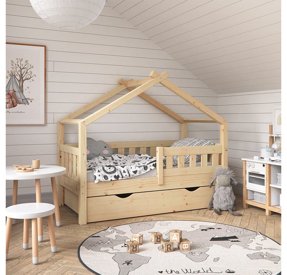 VitaliSpa® Hausbett Design, Naturholz, 70x140 cm mit Schublade und Matratze von VitaliSpa®