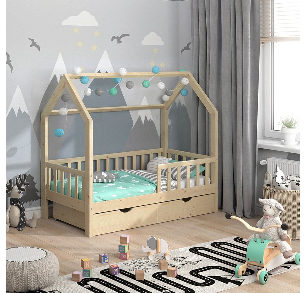 VitaliSpa® Hausbett Wiki, Naturholz, 80x160 cm mit 2 Schubladen von VitaliSpa®