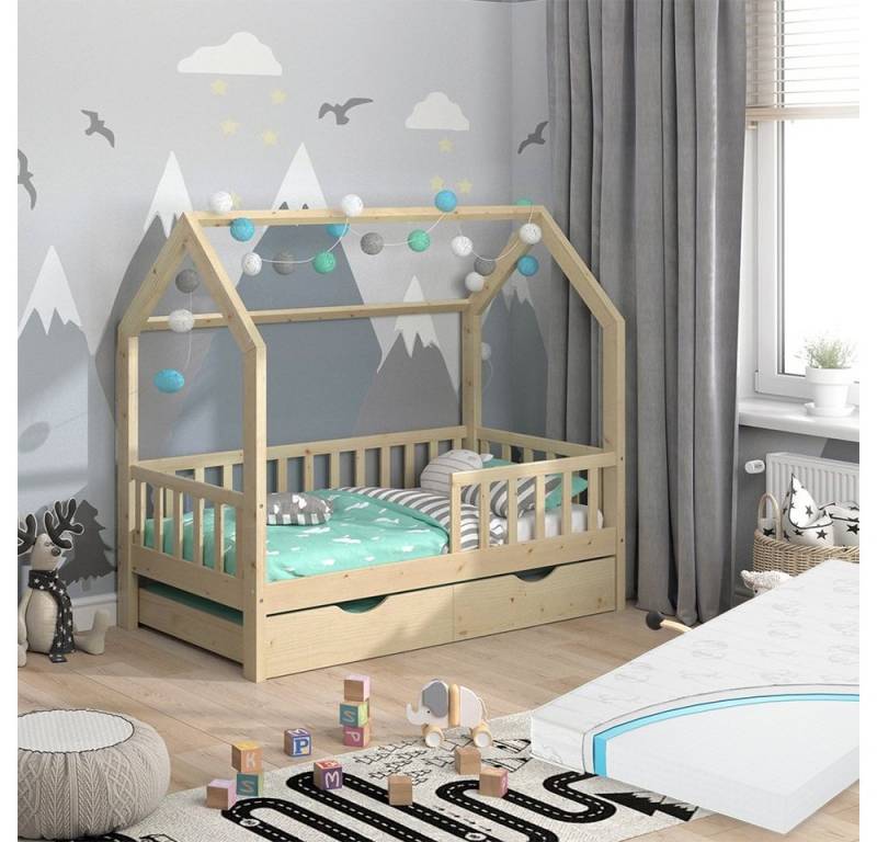 VitaliSpa® Hausbett Wiki, Naturholz, 80x160 cm mit Gästebett und Matratze von VitaliSpa®