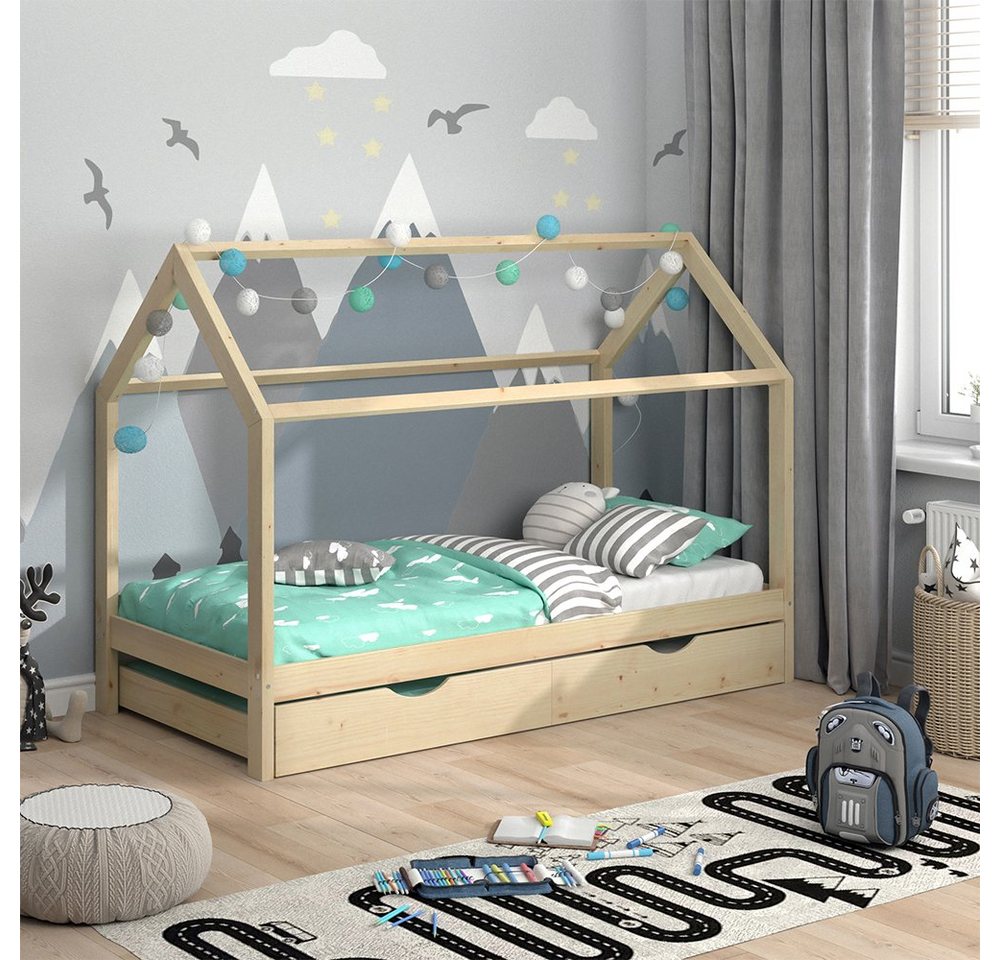 VitaliSpa® Hausbett Wiki, Naturholz, 90x200 cm mit Gästebett von VitaliSpa®