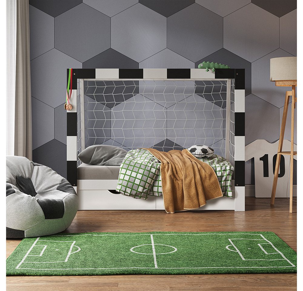 VitaliSpa® Kinderbett Fußballtor, Weiß/Schwarz, 80x160 cm mit Schublade von VitaliSpa®