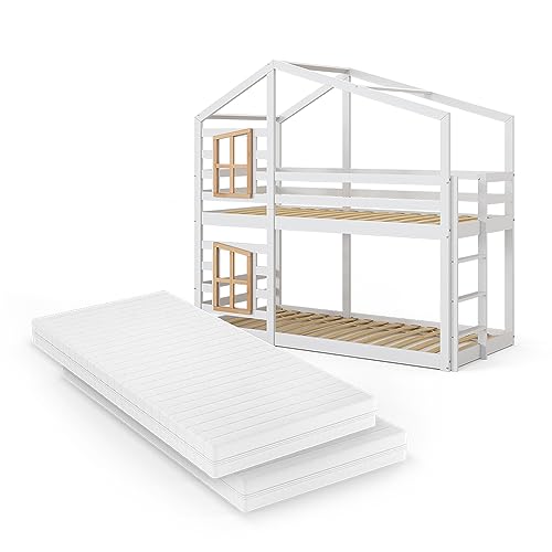 VitaliSpa Etagenbett Maja, Jugendbett, Weiß/Naturholz, 90x200 cm mit 2 Matratzen von VitaliSpa