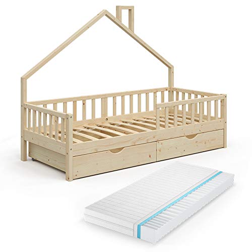 VitaliSpa Hausbett Noemi, Naturholz, 90x200 cm mit 2 Schubladen und Matratze von VitaliSpa