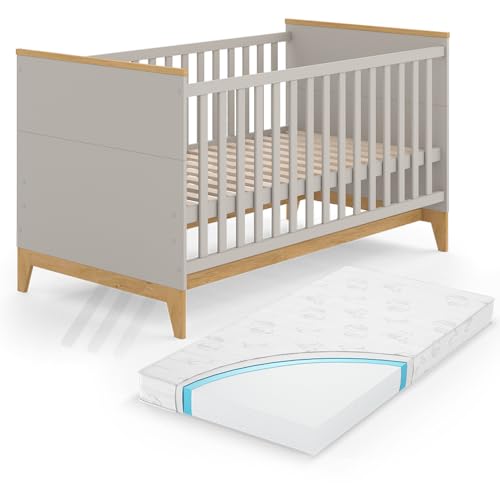 VitaliSpa Kinderbett 0 Malia 143.2 x 81 cm, mit Matratze - Cashmere-Eiche 143x83x81 cm aus Spanplatte - Gitterbett abgestimmt auf Neugeborene und Babys, mit herausnehmbaren Schlupfsproßen von VitaliSpa