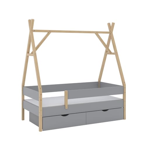 VitaliSpa Tipi-Bett 80x160 cm Bali mit 2 Schubladen und Matratze - Grau 167x178x87 cm hergestellt aus Holz - Hausbett perfekt für Kinder, gemütlicher Rückzugsort für erholsamen Schlaf von VitaliSpa