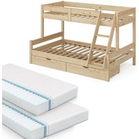 Vitalispa - Etagenbett Everest, Naturholz, 120x200 / 80x200 cm mit 2 Matratzen und 2 Schubkästen von VitaliSpa