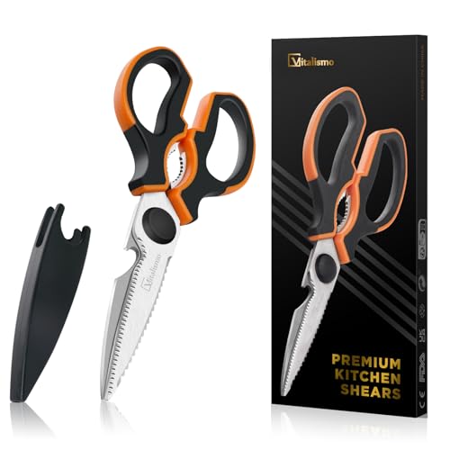 Vitalismo Küchenschere Allzweckschere Rostfreier Edelstahl Haushaltsschere 21cm Spülmaschinenfest Universalschere mit Klingenschutz Flaschenöffner Linkshänder Schere Küche für Fisch Geflügel Nüsse von Vitalismo