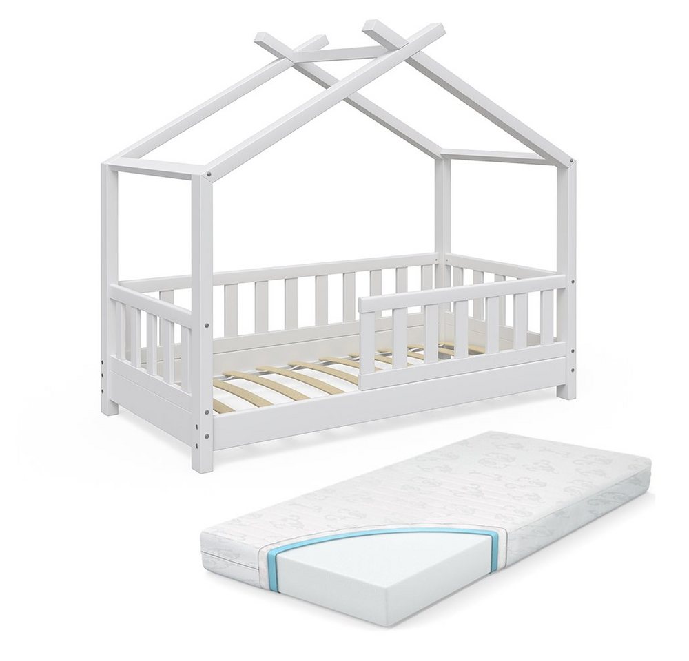VitaliSpa® Kinderbett Kinderhausbett mit Zaun DESIGN Weiß Matratze von Vitalispa