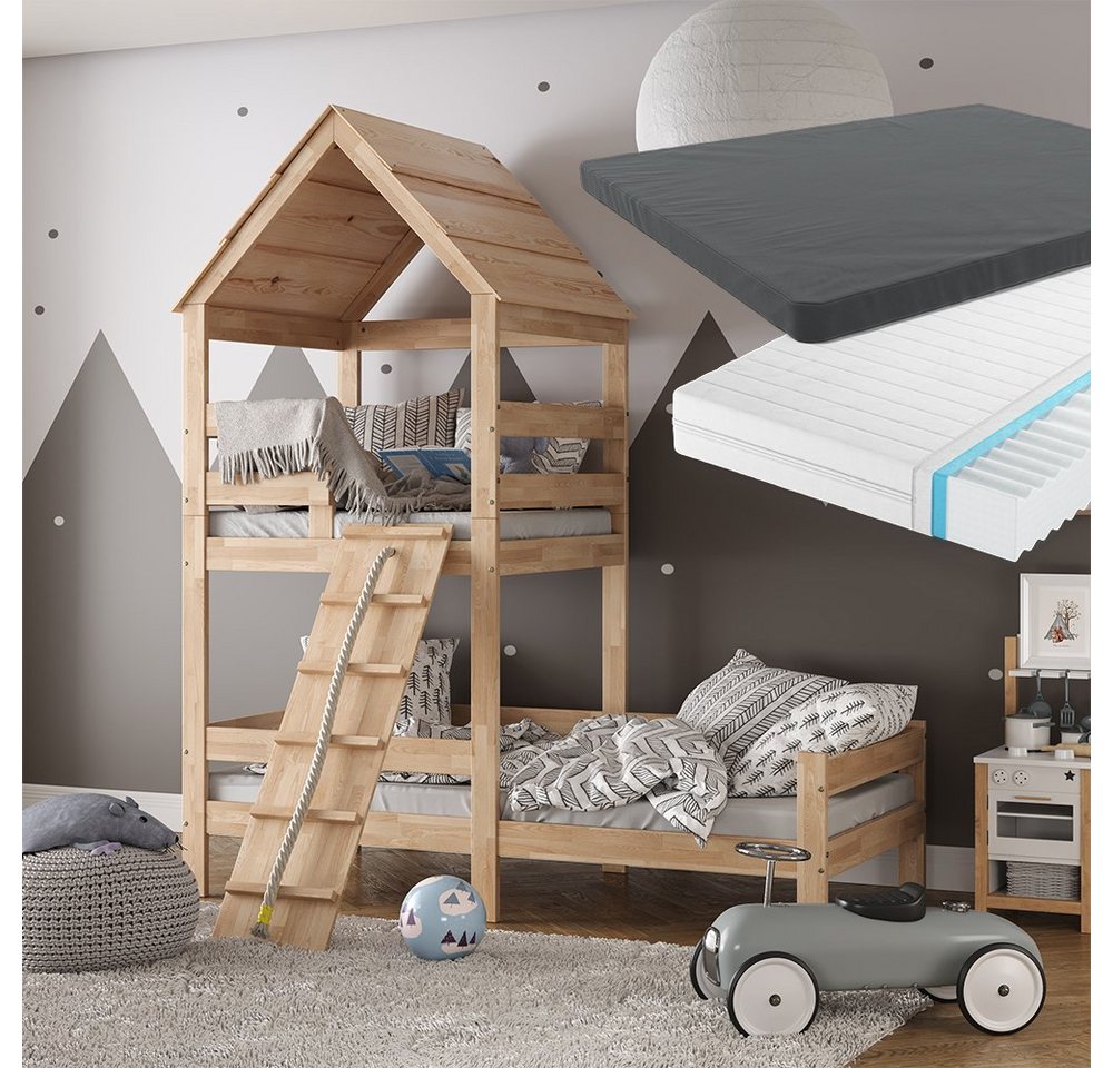 VitaliSpa® Hausbett Teddy, Naturholz, 90x200 cm mit 2 Matratzen von Vitalispa