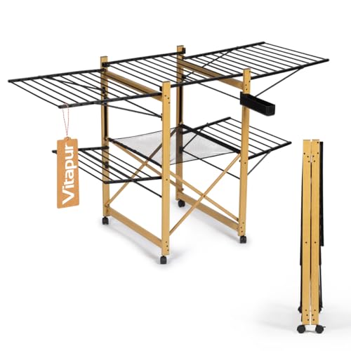 Vitapur Wäscheständer AirPrestige PRO, Ausziehbar, Klappbar, Wäschetrockner mit Mesh-Einsatz, 4 Seitliche Flügel, 4 Rollen mit Feststellbremse, XXL Plus Rack für Balkon von Vitapur