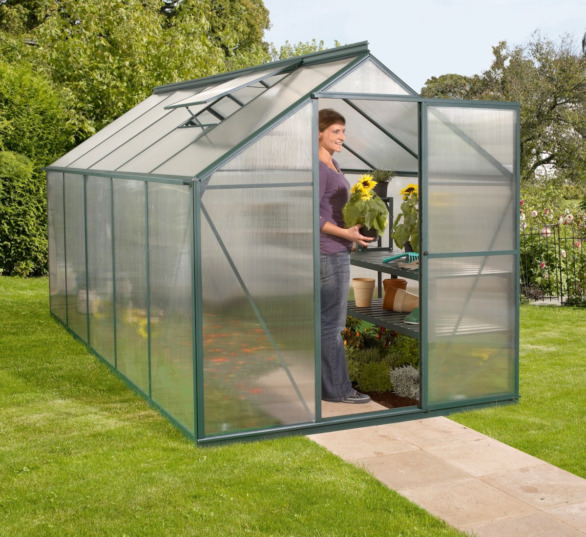 Vitavia Gewächshaus Eos 7500 inkl. 2 Dachfenster - 7,5 m² 4 mm Hohlkammerplatten dunkelgrün von Vitavia