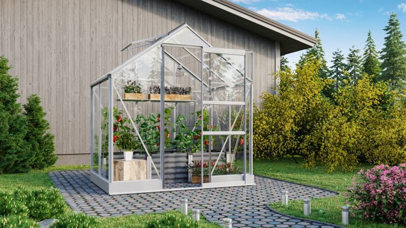 Vitavia Gewächshaus Eris 2500 inkl. 1 Dachfenster, Regenrinnen, Stahlfundamentrahmen - 2,5 m² 3 mm Einscheibensicherheitsglas Alu-blank eloxiert von Vitavia