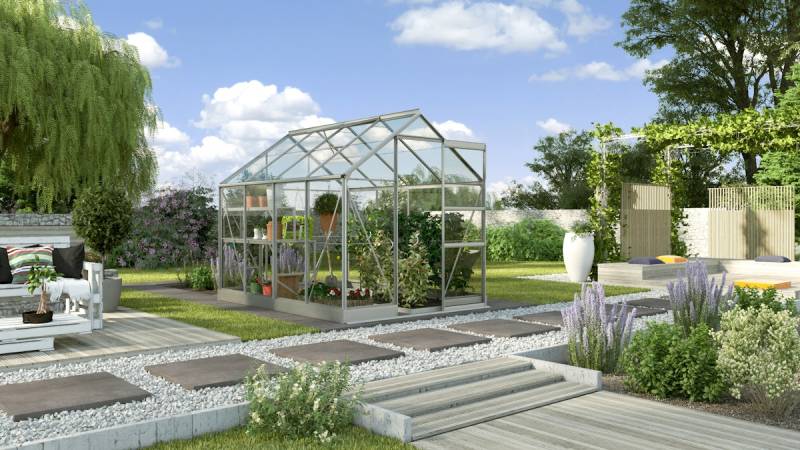 Vitavia Gewächshaus Eris 5000 inkl. 1 Dachfenster, Regenrinnen, Stahlfundamentrahmen - 5 m² 3 mm Einscheibensicherheitsglas schwarz von Vitavia