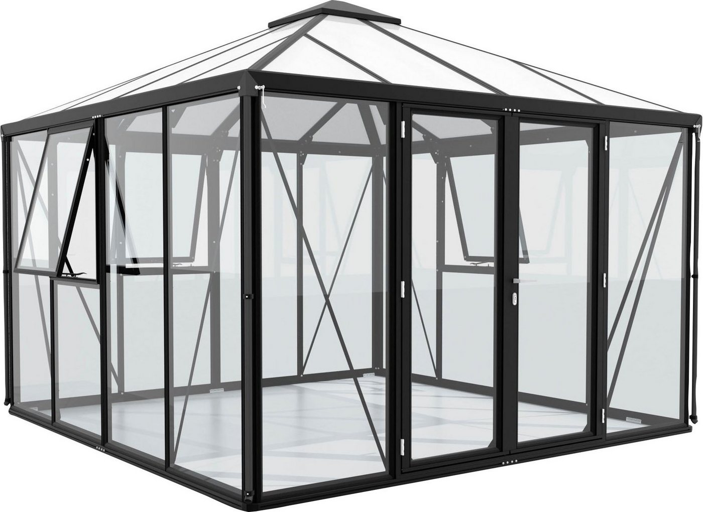 Vitavia Gewächshaus Minos ESG/HKP, schwarz, BxTxH: 317 x 321,5 x 264,5 cm, 3 mm Wandstärke, mit Pavillondach, Wand 3 mm Glas, Dach 10 mm Hohlkammerplatten von Vitavia