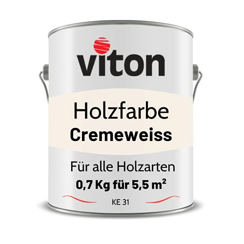 Viton Holzfarbe - 0,7 Kg Creme Holzlack Seidenmatt - Wetterschutzfarbe für Außen - 3in1 Grundierung & Deckfarbe - Profi-Holzschutzlack - KE31 - RAL 9001 Cremeweiss von Viton