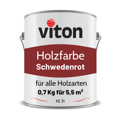 Viton Holzfarbe - 0,7 Kg Schweden-Rot Holzlack Seidenmatt - Wetterschutzfarbe für Außen - 3in1 Grundierung & Deckfarbe - Profi-Holzschutzlack - KE31 - RAL 3011 Schwedenrot von Viton