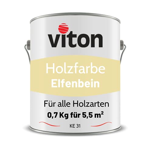 Viton Holzfarbe in Beige - 0,7 Kg Holzlack Seidenmatt - Wetterschutzfarbe für Außen - 3in1 Grundierung & Deckfarbe - Profi-Holzschutzlack - KE31 - RAL 1015 Hellelfenbein von Viton