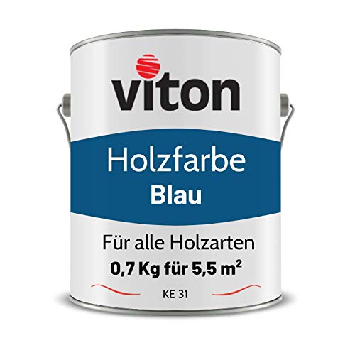 Viton Holzfarbe in Blau - 0,7 Kg Holzlack Seidenmatt - Wetterschutzfarbe für Außen - 3in1 Grundierung & Deckfarbe - Profi-Holzschutzlack - KE31 - RAL 5010 Enzianblau von Viton