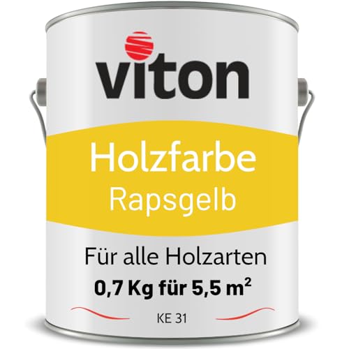 Viton Holzfarbe in Gelb - 0,7 Kg Holzlack Seidenmatt - Wetterschutzfarbe für Außen - 3in1 Grundierung & Deckfarbe - Profi-Holzschutzlack - KE31 - RAL 1021 Rapsgelb von Viton
