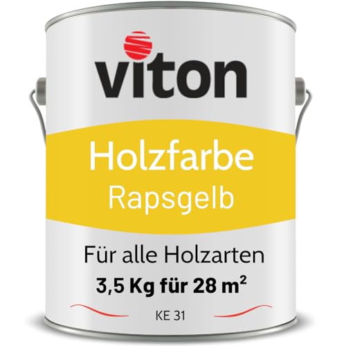 Viton Holzfarbe in Gelb - 3,5 Kg Holzlack Seidenmatt - Wetterschutzfarbe für Außen - 3in1 Grundierung & Deckfarbe - Profi-Holzschutzlack - KE31 - RAL 1021 Rapsgelb von Viton