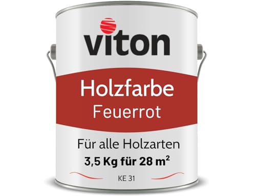 Viton Holzfarbe in Rot - 3,5 Kg Holzlack Seidenmatt - Wetterschutzfarbe für Außen - 3in1 Grundierung & Deckfarbe - Profi-Holzschutzlack - KE31 - RAL 3000 Feuerrot von Viton